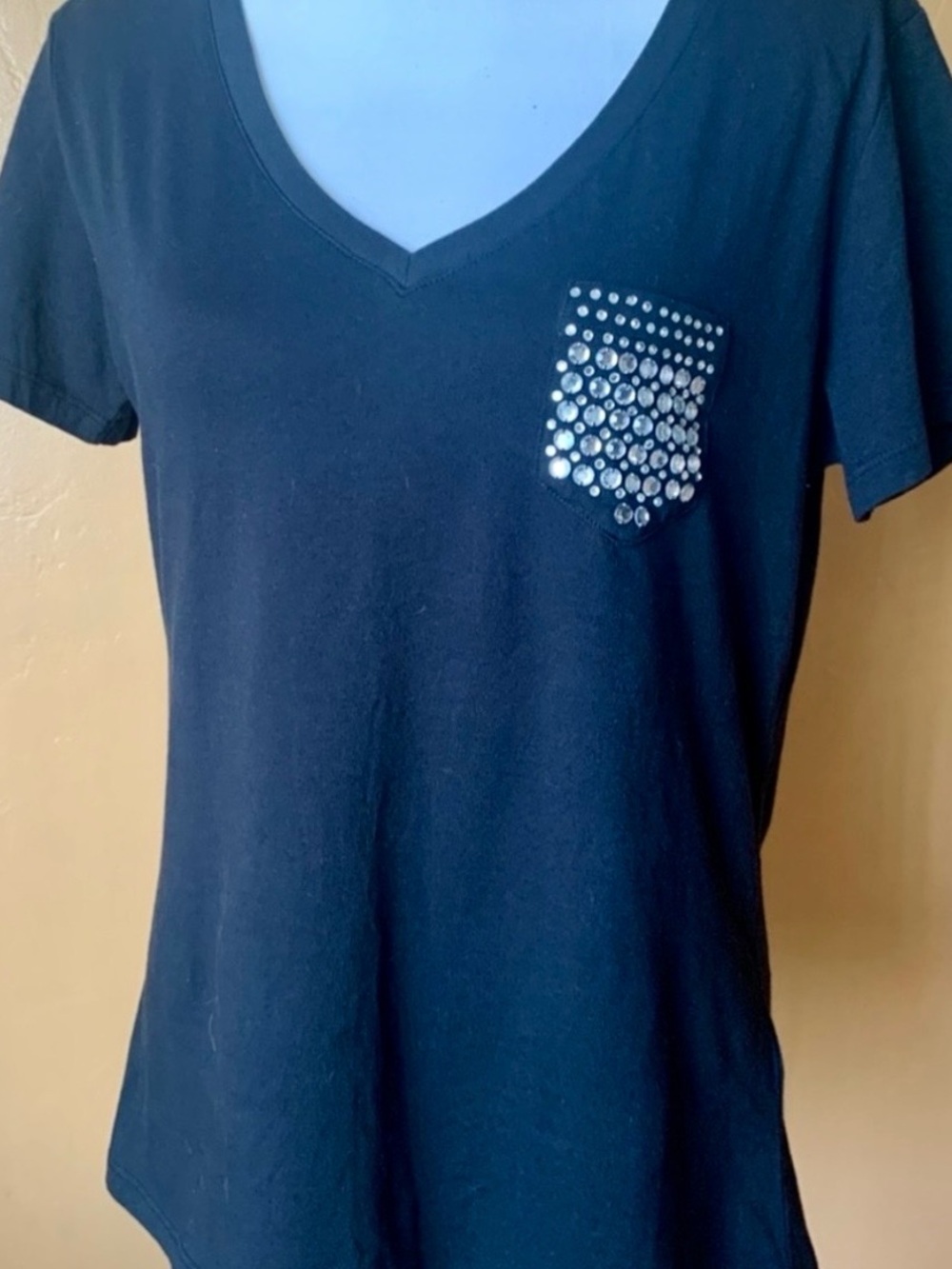 Jordache Premium Slim Black Tunic Top with Rhinestone Embellished Pocket Size XL